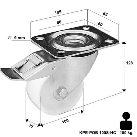 Lenkrolle mit Plattenbefestigung und Bremssystem KPE-POB 100S-HC mit Polyamid-Rad/ Tragfähigkeit 150kg / 100mm / Gleitlager