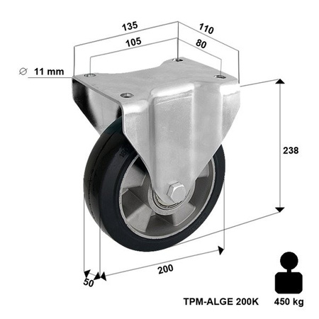 Bockrolle mit Plattenbefestigung TPM-ALGE 200K mit Elastik-Volgummireifen Gehäuse aus Stahlblech Tragfähigkeit 450 kg / 200mm/ Doppelkugellager