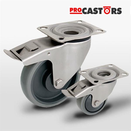 Lenkrolle rostfrei mit Plattenbefestigung und Bremssystem KPX-WTE 80K1-HC mit thermoplastischem Gummi/ Tragfähigkeit 90kg / 90mm/ Kugellager